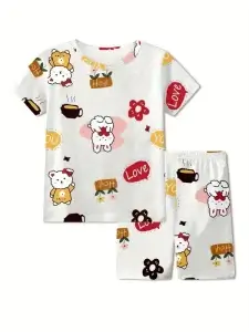 Toddler & Kid Girls Cartoon Animal Letter Printed Cotton Short-sleeved Home Pajama Set