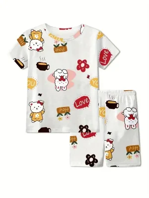 Toddler & Kid Girls Cartoon Animal Letter Printed Cotton Short-sleeved Home Pajama Set