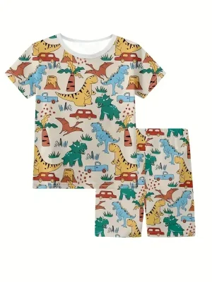 Toddler & Kids Dinosaur car print floral home pajamas set