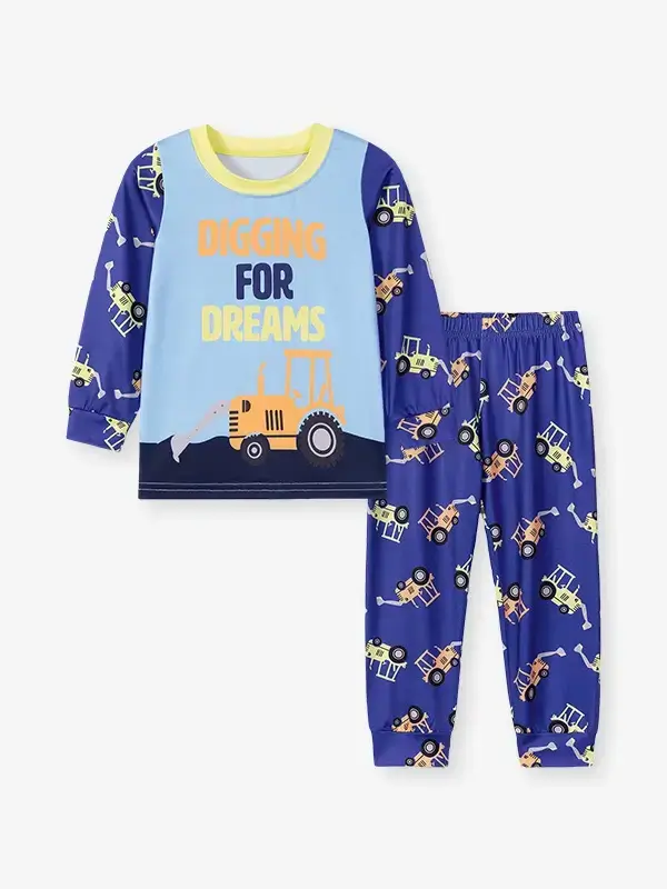 Little Maven Kid Boys Construction Vehicle and Letter Print Cotton Home Pajama Set 2 Little Maven Kid Boys Construction Vehicle and Letter Print Cotton Home Pajama Set - Image 2