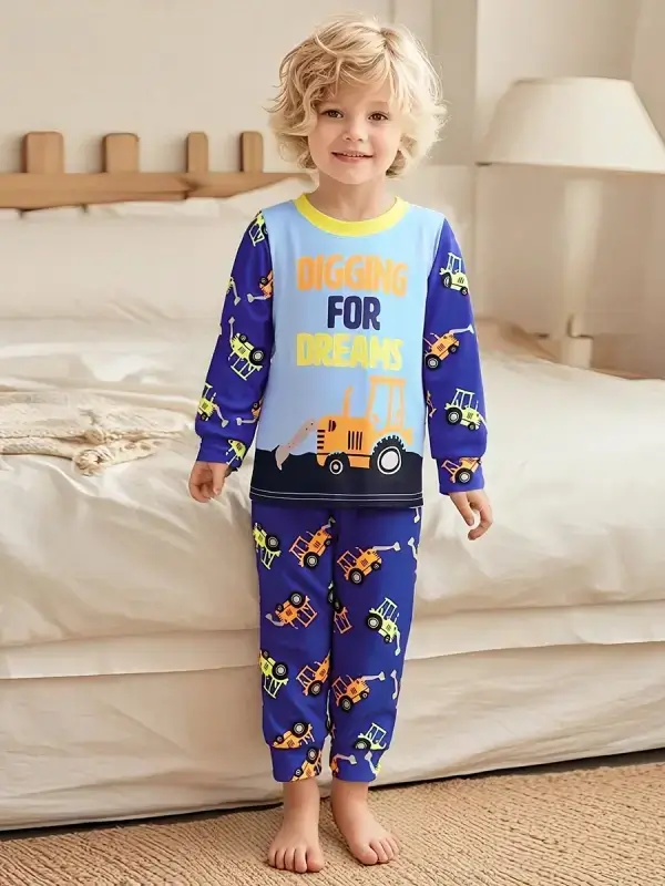 Little Maven Kid Boys Construction Vehicle and Letter Print Cotton Home Pajama Set 1 Little Maven Kid Boys Construction Vehicle Pajama Set