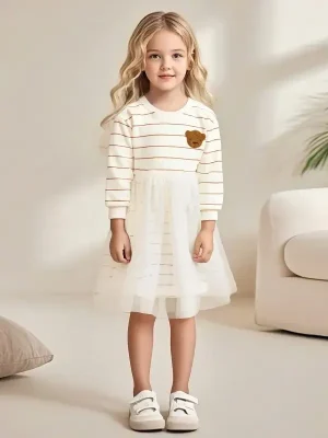 Little Maven Kid Girls Bear Print Cotton Striped Mesh Dress