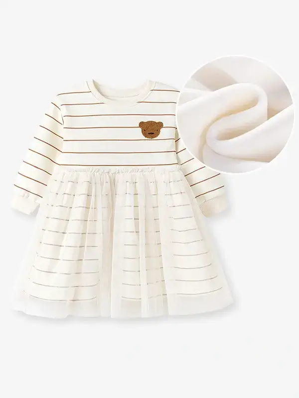 Little Maven Kid Girls Bear Print Cotton Striped Mesh Dress 3 Little Maven Kid Girls Bear Print Cotton Striped Mesh Dress - Image 3