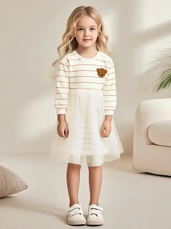 Little Maven Kid Girls Bear Print Cotton Striped Mesh Dress 1 Little Maven Kid Girls Bear Print Cotton Striped Mesh Dress