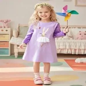 Little Maven Kid Girls Bunny Print Cotton Long Sleeve Dress