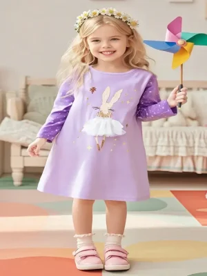 Little Maven Kid Girls Bunny Print Cotton Long Sleeve Dress