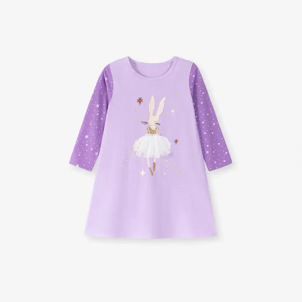 Little Maven Kid Girls Bunny Print Cotton Long Sleeve Dress 2 Little Maven Kid Girls Bunny Print Cotton Long Sleeve Dress - Image 2