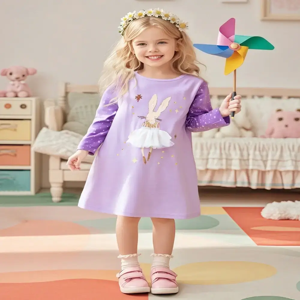 Little Maven Kid Girls Bunny Print Cotton Long Sleeve Dress 1 Little Maven Kid Girls Bunny Print Cotton Long Sleeve Dress