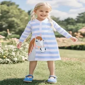 Little Maven Cotton Striped Dress with Horse Patch
