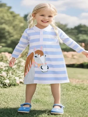 Little Maven Cotton Striped Dress with Horse Patch