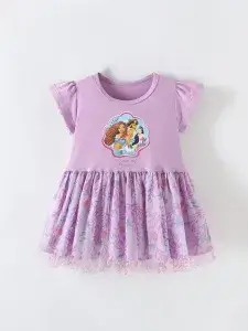 Little Maven Frozen Print Cotton Mesh Dress for Girls