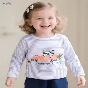Little Maven Kid Girls Raccoon Embroidered Cotton Striped Tee