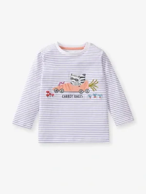Little Maven Kid Girls Raccoon Embroidered Cotton Striped Long-Sleeved Tee