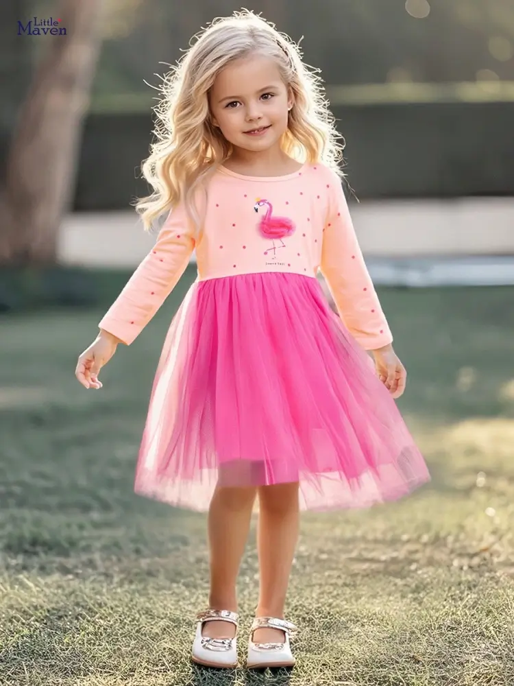 Little Maven Kid Girls Red-crowned Crane Pattern Cotton Mesh Dress 1 Little Maven Kid Girls Red-crowned Crane Cotton Mesh Dress