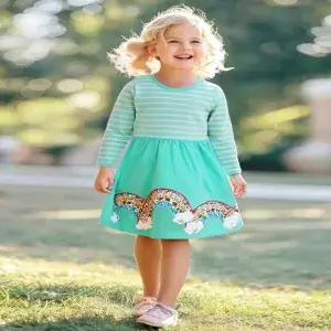 Little Maven Rainbow Applique Cotton Long-Sleeved Dress