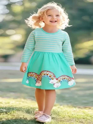 Little Maven Rainbow Applique Cotton Long-Sleeved Dress