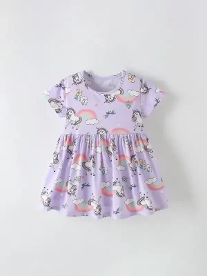 Little Maven Kid Girls Unicorn & Rainbow Cotton Dress
