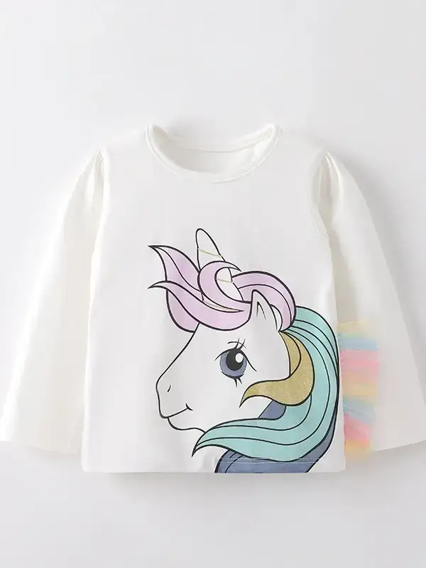Little Maven Kid Girls White Unicorn Print Cotton Long-Sleeved Tee 2 Little Maven Kid Girls White Unicorn Print Cotton Long-Sleeved Tee - Image 2