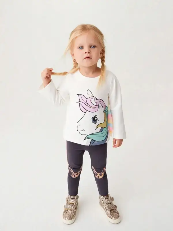 Little Maven Kid Girls White Unicorn Print Cotton Long-Sleeved Tee 1 Little Maven Kid Girls White Unicorn Print Cotton Tee