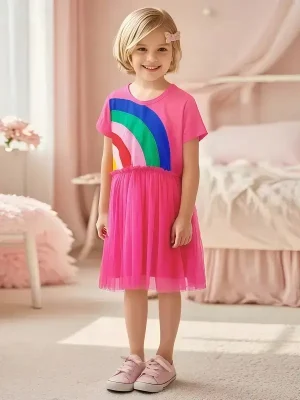 Little Maven Kid Girls Rainbow Appliqué Mesh Dress