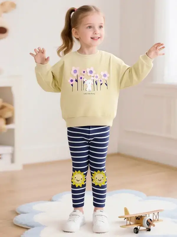 Little Maven Kid girls bunny and floral print cotton sweatshirt & striped leggings 1 Little Maven Kid Girls Bunny and Floral Cotton Outfit