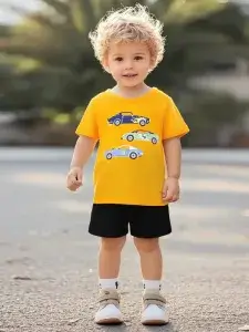 Little Maven Boys Cartoon Car Cotton Tee & Shorts Set