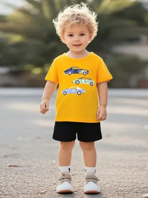 Little Maven Boys Cartoon Car Cotton Tee & Shorts Set