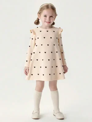 Little Maven Kid Girls Heart Print Cotton Long-Sleeved Dress