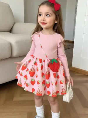 Little Maven Kid Girls Strawberry Print Cotton Dress