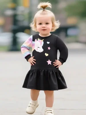 Little Maven Unicorn Print Cotton Colorblock Dress
