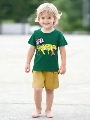 Little Maven Boys Cartoon Animal Cotton Tee & Shorts Set