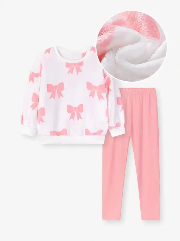 Little Maven Kid Girls 2pcs Bow Print Cotton Plush Sweatshirt & Leggings Set 2 Little Maven Kid Girls 2pcs Bow Print Cotton Plush Sweatshirt & Leggings Set - Image 2