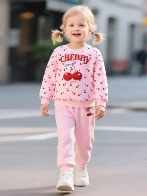 Little Maven Girls Pink Cherry Cotton Sweatshirt Set