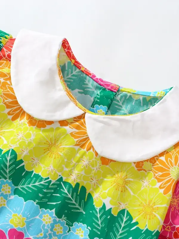 Little Maven Kid Girls Colorful Floral Print Cotton Ruffled Collar Dress 3 Little Maven Kid Girls Colorful Floral Print Cotton Ruffled Collar Dress - Image 3
