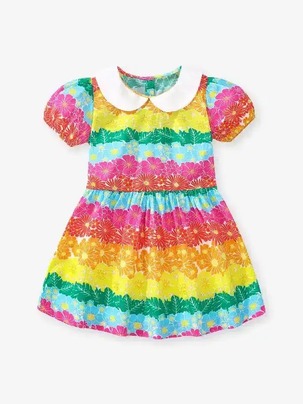 Little Maven Kid Girls Colorful Floral Print Cotton Ruffled Collar Dress 2 Little Maven Kid Girls Colorful Floral Print Cotton Ruffled Collar Dress - Image 2