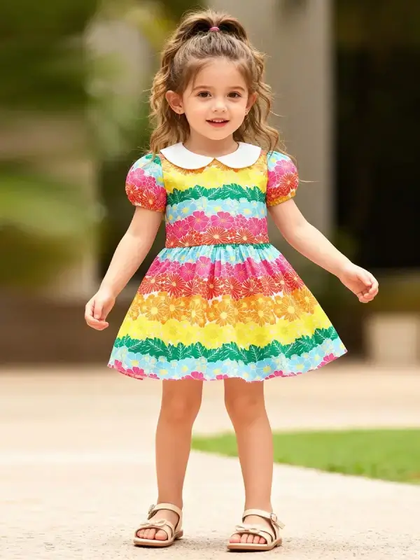 Little Maven Kid Girls Colorful Floral Print Cotton Ruffled Collar Dress 1 Little Maven Girls' Floral Dress with Ruffled Collar