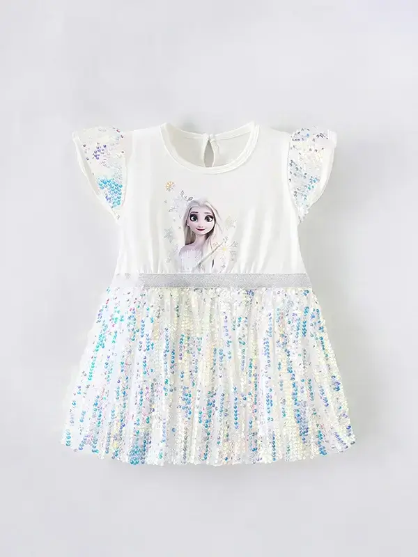 Little Maven Kid Girls Frozen Pattern Cotton Sequin Short-Sleeve Dress 1 Little Maven Frozen Sequin Cotton Dress for Girls