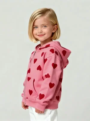 Little Maven Kid Girls Heart Print Cotton Hooded Jacket