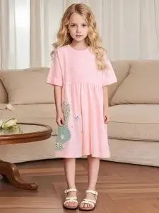 Little Maven Girls' Rabbit Embroidered Cotton Polka Dot Dress