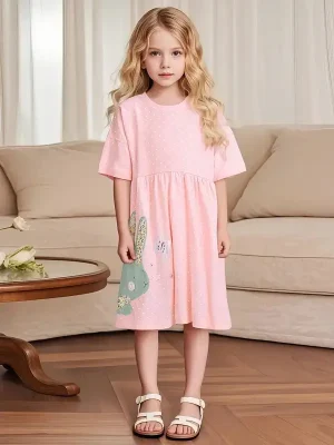 Little Maven Girls' Rabbit Embroidered Cotton Polka Dot Dress