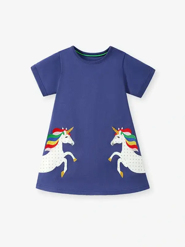 Little Maven Kid Girls Unicorn Embroidered Cotton Short-Sleeve Dress 2 Little Maven Kid Girls Unicorn Embroidered Cotton Short-Sleeve Dress - Image 2