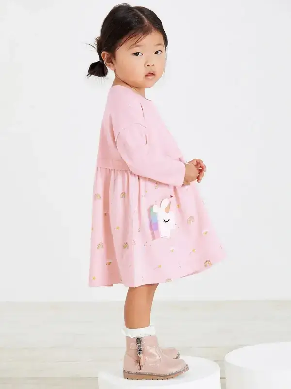 Little Maven Kid Girls Unicorn Embroidered Cotton Short-Sleeve Dress with Pockets 2 Little Maven Kid Girls Unicorn Embroidered Cotton Short-Sleeve Dress with Pockets - Image 2