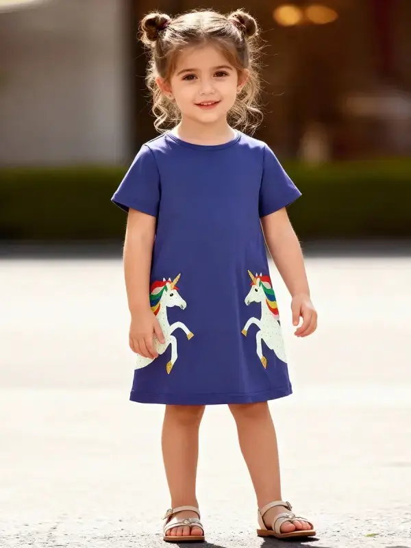 Little Maven Kid Girls Unicorn Embroidered Cotton Short-Sleeve Dress 1 Little Maven Girls' Unicorn Dress | 100% Cotton Embroidered