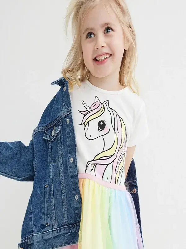 Little Maven Kid Girls Unicorn Print Cotton Colorful Mesh Dress 2 Little Maven Kid Girls Unicorn Print Cotton Colorful Mesh Dress - Image 2