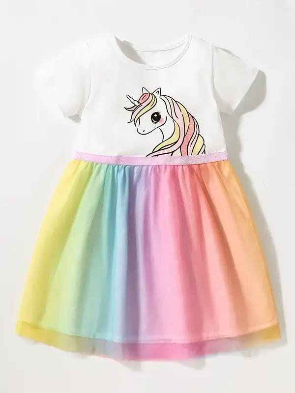 Little Maven Kid Girls Unicorn Print Cotton Colorful Mesh Dress 4 Little Maven Kid Girls Unicorn Print Cotton Colorful Mesh Dress - Image 4