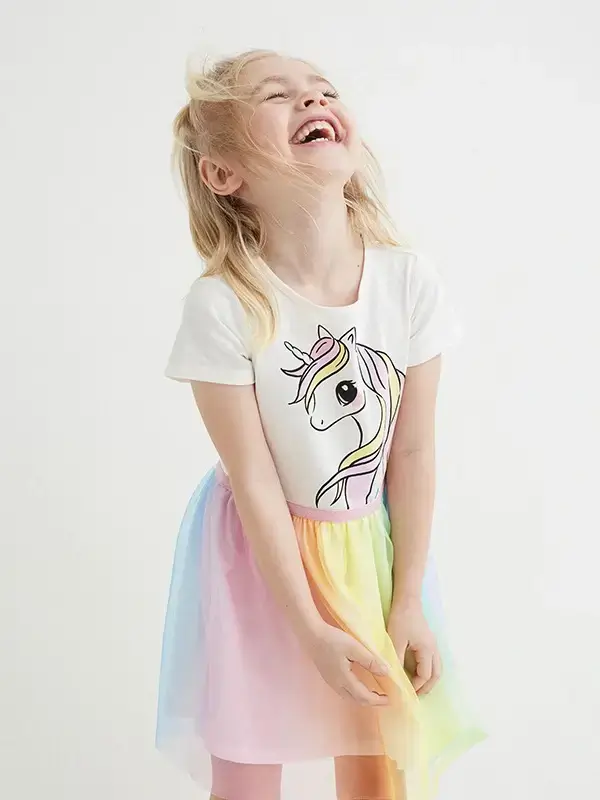 Little Maven Kid Girls Unicorn Print Cotton Colorful Mesh Dress 1 Little Maven Girls Unicorn Cotton Dress | Whimsical Tutu Style
