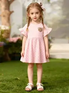 Little Maven Girls' Cotton Polka Dot Bear Dress
