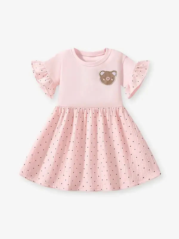 Little Maven Kid girls cotton polka dot short-sleeved dress with bear pattern 2 Little Maven Kid girls cotton polka dot short-sleeved dress with bear pattern - Image 2