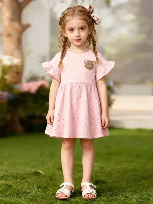 Little Maven Kid girls cotton polka dot short-sleeved dress with bear pattern 1 Little Maven Girls' Cotton Polka Dot Bear Dress