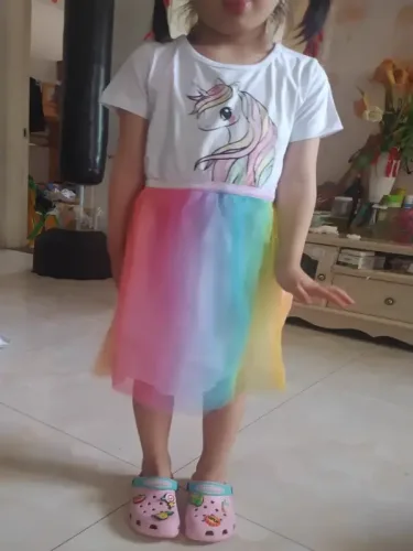 Little Maven Kid Girls Unicorn Print Cotton Colorful Mesh Dress photo review